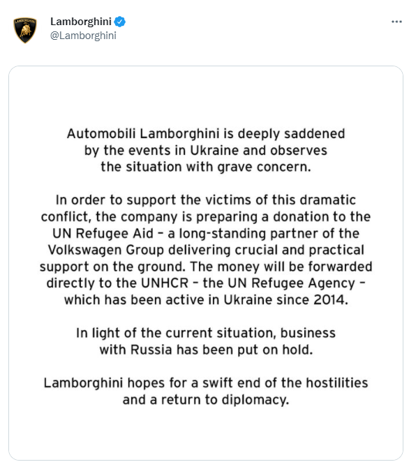 兰博基尼冻结在俄罗斯的所有业务